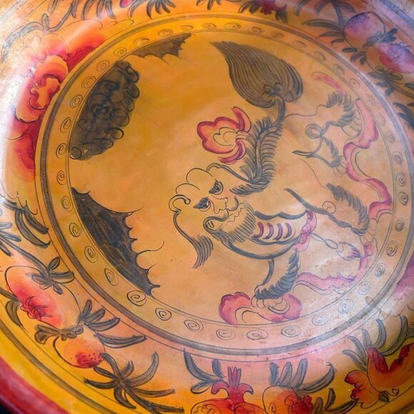 Set of 2 Wax Stamped Vintage Asian Hand Painted Floral Wooden Plates - Picture 12 of 16